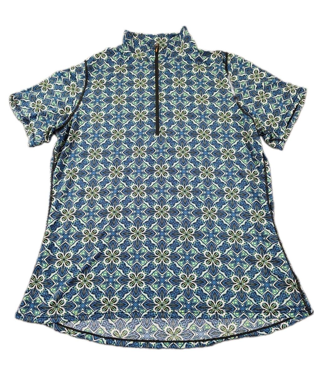 Kerrits Short Sleeve 1/4 Zip Equestrian Shirt Womens L Blue Geometric Stretch